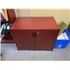 Image 2 : CHERRY COLOURED U-SHAPED SINGLE PEDESTAL DESK WITH HUTCH 4' BOOKCASE AND 2 DOOR STORAGE CABINET