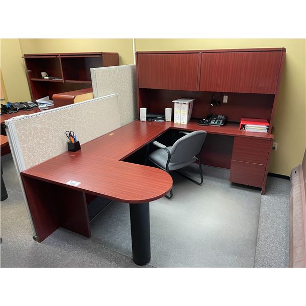 CHERRY COLOURED U-SHAPED SINGLE PEDESTAL DESK WITH HUTCH AND 2 - 6' BOOKCASES