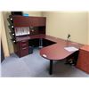 Image 1 : CHERRY COLOURED U-SHAPED SINGLE PEDESTAL DESK WITH HUTCH AND 2 DOOR LATERAL FILING CABINET
