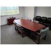 Image 1 : CHERRY COLOR 8' BOARDROOM TABLE WITH 6 GREY CLIENT CHAIRS & 2 DOOR STORAGE CABINET