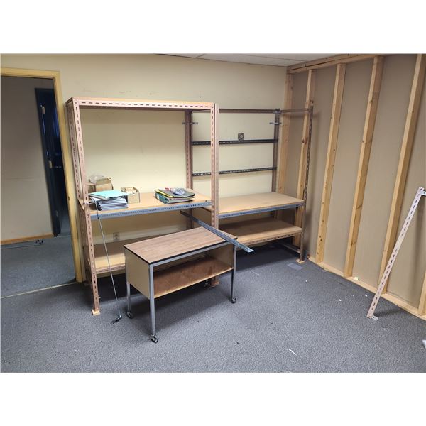 CONTENTS OF OFFICE INCLUDING MOBILE PRINTER STAND, 2 BAYS OF ADJUSTABLE PARTS SHELVING