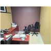 Image 1 : CONTENTS OF PARTS ROOM OFFICE INCLUDING CHERRY COLOR L-SHAPE DESK, OFFICE CHAIR, 2 DRAFTING CHAIRS