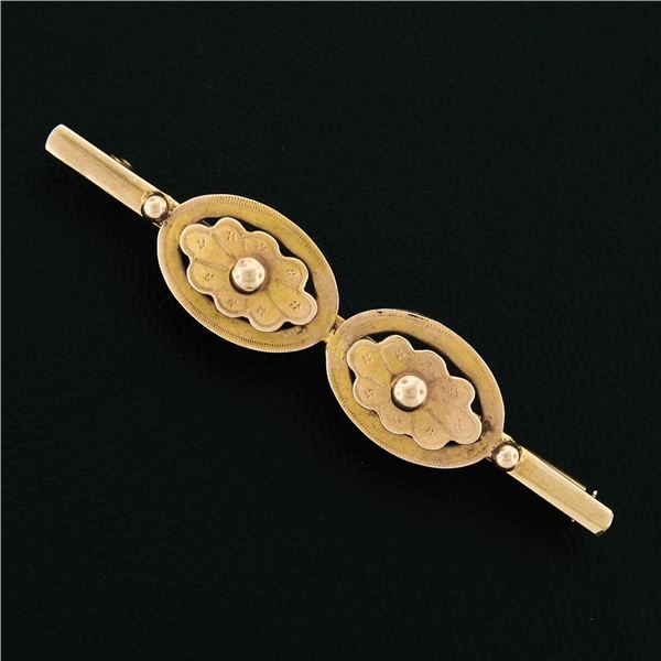 French Antique Victorian 18K Yellow Gold Detailed Dual Button Bar Pin Brooch