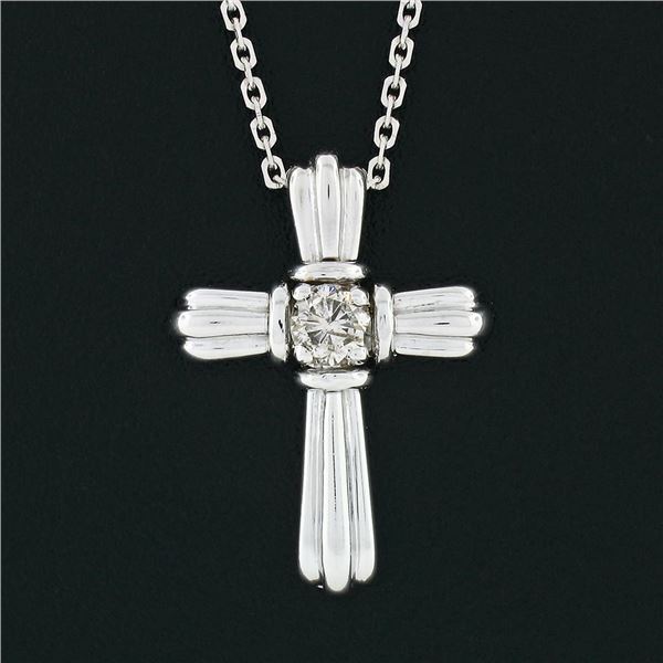 Petite 14k White Gold 0.20 ctw Diamond Grooved Polished Cross 18" Pendant Neckla