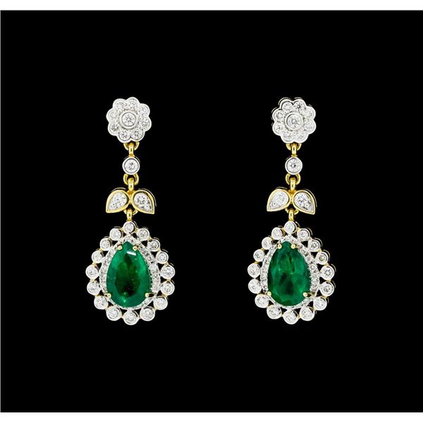 6.05 ctw Pear Brilliant Emerald And Round Brilliant Cut Diamond Earrings - 18KT