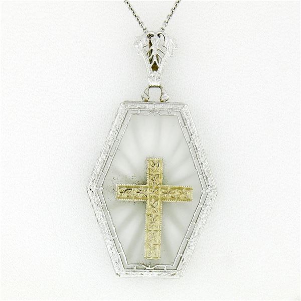 Antique Art Deco 14K Gold French Camphor Glass Hand Etched Cross Pendant Necklac