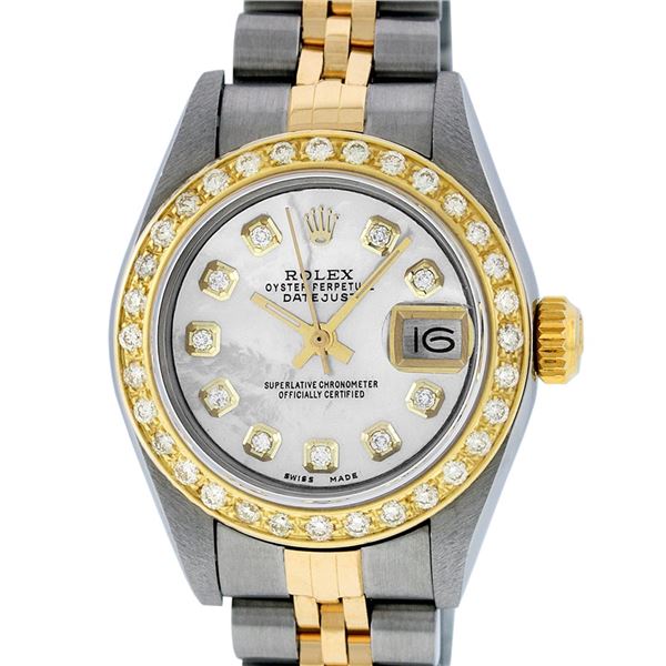 Rolex Ladies Quickset 2 Tone Mother Of Pearl Diamond Oyster Perpetual Datejust W