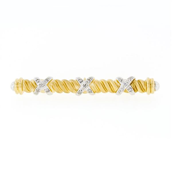 Estate 14k Gold Single Cut Diamond "X" Figure Satin Twisted Cable Bar Pin Brooch