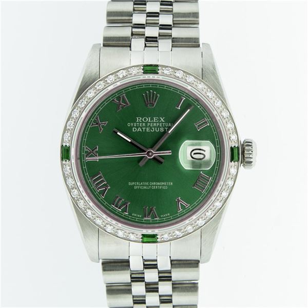 Rolex Mens Stainless Steel Green Roman Diamond & Emerald Datejust Wristwatch