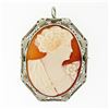 Image 1 : Antique Art Deco 14K White Gold Carved Shell Cameo Open Filigree Brooch Pendant