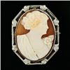 Image 2 : Antique Art Deco 14K White Gold Carved Shell Cameo Open Filigree Brooch Pendant