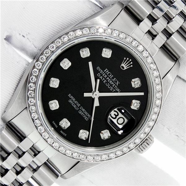 Rolex Mens Stainless Steel Black Diamond 36MM Datejust Wristwatch