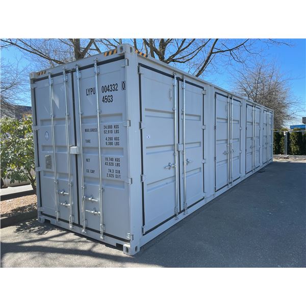 GREY 40' 52,910 MAX CAPACITY INDUSTRIAL TRANSPORT CONTAINER WITH 4 DUAL SWING SIDE DOORS, 1 REAR