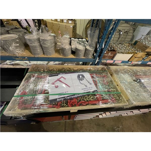 PALLET OF GREATBEAR 5 - 9200LBS RATCHET BINDERS & 10 - 3/8" 20' G70 CHAINS WITH HOOKS