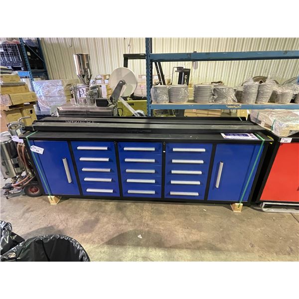 STEELMAN BLUE 15 DRAWER 2 DOOR 113"W X 28"D X 36"H METAL WORK BENCH WITH DRAWER LOCKS, ANTI-SLIP