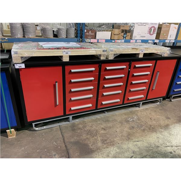 STEELMAN RED 15 DRAWER 2 DOOR 113"W X 28"D X 36"H METAL WORK BENCH WITH DRAWER LOCKS, ANTI-SLIP