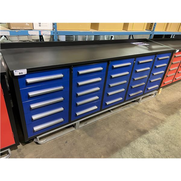 STEELMAN BLUE 25 DRAWER 2 DOOR 113"W X 28"D X 36"H METAL WORK BENCH WITH DRAWER LOCKS, ANTI-SLIP