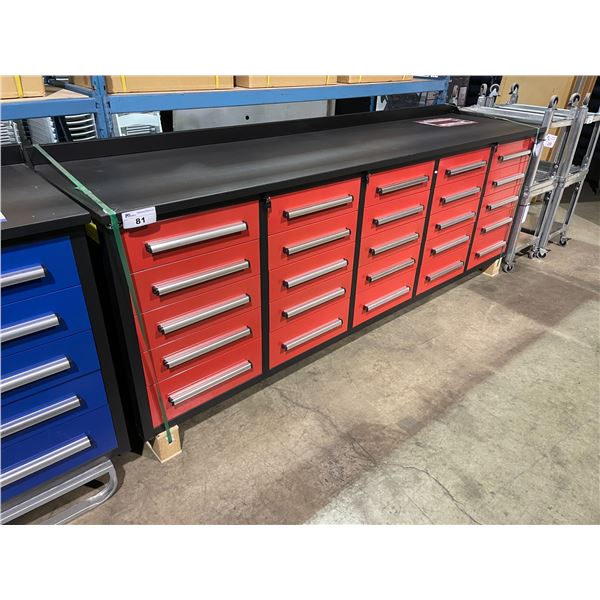 STEELMAN RED 15 DRAWER 2 DOOR 113"W X 28"D X 36"H METAL WORK BENCH WITH DRAWER LOCKS, ANTI-SLIP