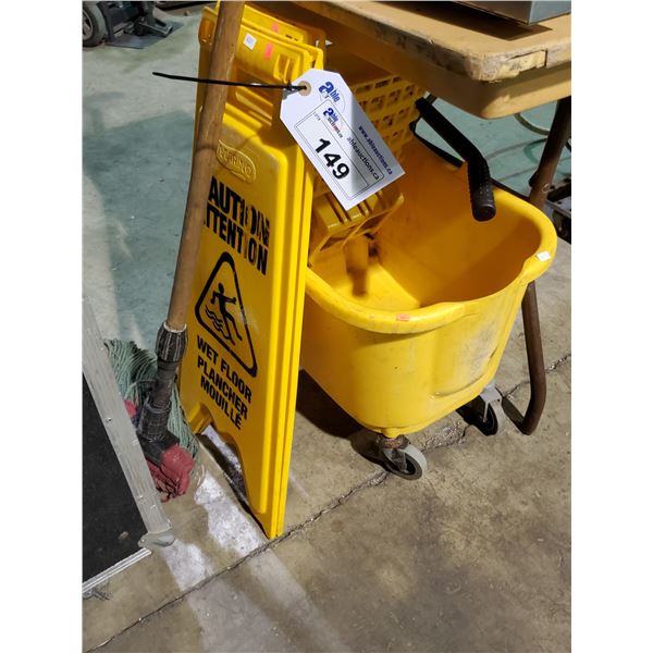 2 YELLOW PORTABLE WET FLOOR SIGNS, MOBILE MOP BUCKET, MOP DRAINING PRESS AND MOP
