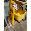 Image 1 : 2 YELLOW PORTABLE WET FLOOR SIGNS, MOBILE MOP BUCKET, MOP DRAINING PRESS AND MOP