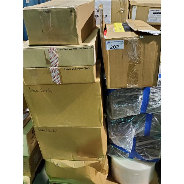 PALLET OF ASSORTED FABRIC  DUCTS, TRANSFER PLANTER POTS, AND STICKERS ROLLS