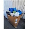 Image 1 : BIN OF ASSORTED SIZE LIQUID STORAGE CONTAINERS AND BARRELS