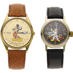 Two Mickey Mouse, Metal, Leather Strap Watches