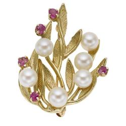 Cultured Pearl, Ruby, Gold Brooch