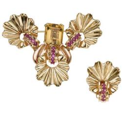 Retro Citrine, Ruby, Gold Jewelry Suite