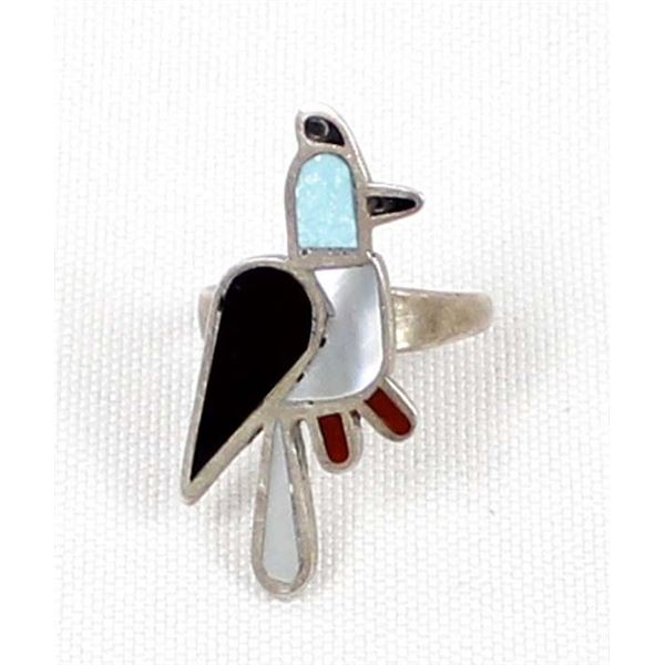 Zuni Sterling Inlay Songbird Ring, Size 7