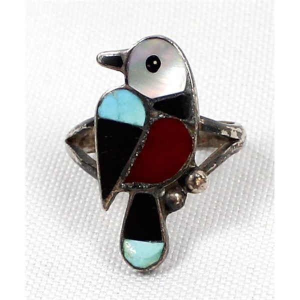 Native American Zuni Sterling Silver Inlay Ring, Size 6.75