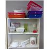 Image 1 : 2 Shelves of Contents - Plasticware, Cookie Jar, Press