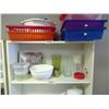 Image 3 : 2 Shelves of Contents - Plasticware, Cookie Jar, Press