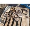 Image 1 : pallet w/ steel wheels & cast stove parts