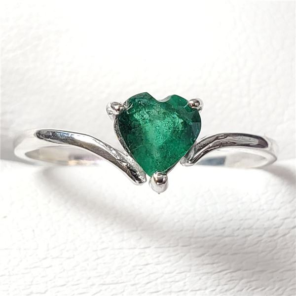 10K White Gold Emerald(0.4ct) 1 Heart Shaped ,Mix Cut, Intense Green Emerald In 3Claw Setting Ring (