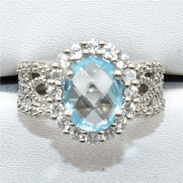 Silver Blue Topaz Cz(3.3ct) Rhodium Plated Ring (~weight 5.5g), Suggested Retail Value $300 (Estimat