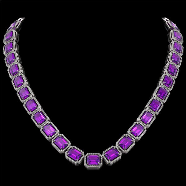 76.69 ctw Amethyst & Diamond Micro Pave Halo Necklace 10k White Gold - REF-711A3N