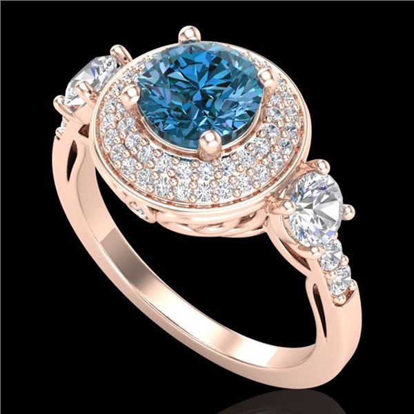 2.05 ctw Intense Blue Diamond Art Deco 3 Stone Ring 18k Rose Gold - REF-300W2H