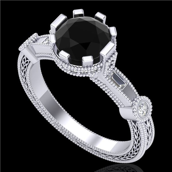 1.71 ctw Fancy Black Diamond Engagment Art Deco Ring 18k White Gold - REF-123H6R