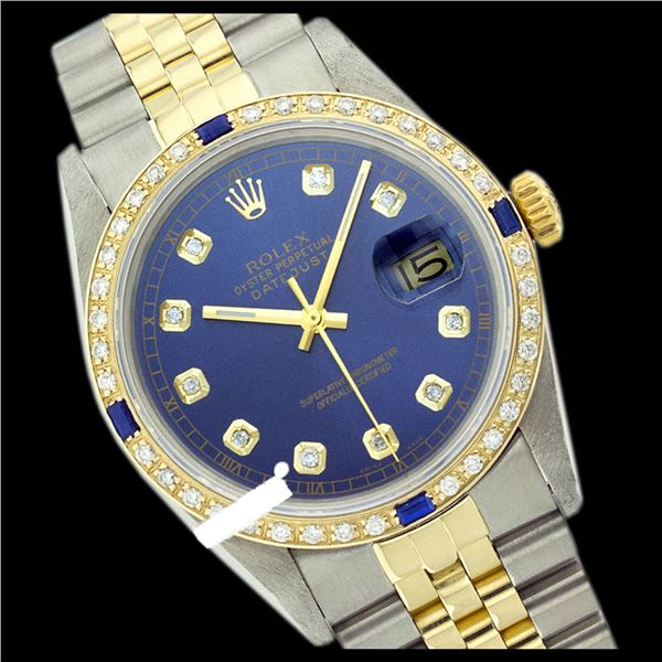 Rolex Men's Two Tone 14K Gold/SS, QuickSet, Diam Dial & Diam/Sapphire Bezel