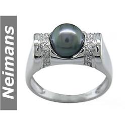 Certified 8MM Black Tahitian Pearl & Diamond Ring 14kt