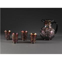 CARNIVAL GLASS AMETHYST PITCHER & 4 TUMBLERS