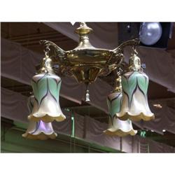 BRASS CHANDELIER WITH IRIDESCENT GLASS SHADES