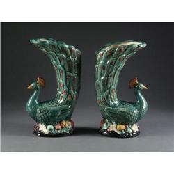 MAJOLICA PEACOCK FORM PORCELAIN VASES
