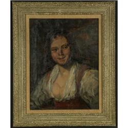 OIL LAUGHING YOUNG WOMAN ANTIQUE