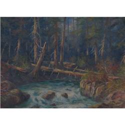 OIL WOODLAND RIVER SCENE ANTIQUE
