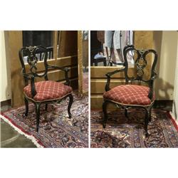 PAIR GEORGIAN STYLE CARVED AND EBONIZED ARMCHAIRS