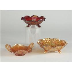 THREE CARNIVAL GLASS NUT DISHES IMPERIAL IMCLUDED