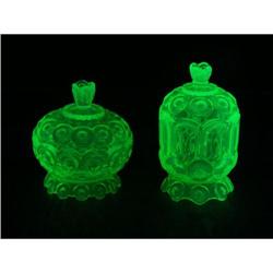 TWO GREEN VASELINE GLASS COMPOTES/JARS W LIDS