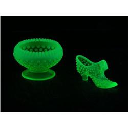 TWO OPALESCENT VASELINE GLASS PIECES SHOE & CANDLE